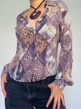 Patchwork Purple Print Button-Down Blouse